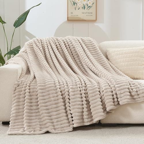 NEWCOSPLAY Super Soft Twin Blanket Linen Premium Silky Flannel Fleece 3D Ribbed Jacquard Lightweight Bed Blanket All Season Use (Linen Ribbed, Twin(60"x80")) thumbnail 4