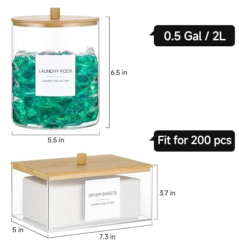 TIPGO Glass Jars and Acrylic Dryer Sheet Holder, Laundry Pods Container with Bamboo Lid and 27 Labels, Powder Detergent Containers for Laundry Room Organization, Storage Jars Set (3 Pack) thumbnail 3