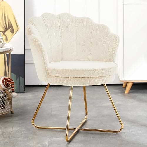 Furnimart Vanity Chair with Back, Shell Accent Chair for Living Room, Criss Cross Chair with Gold Legs, Makeup Chair for Bedroom Desk Chair no Wheels, Faux Fur White thumbnail 7