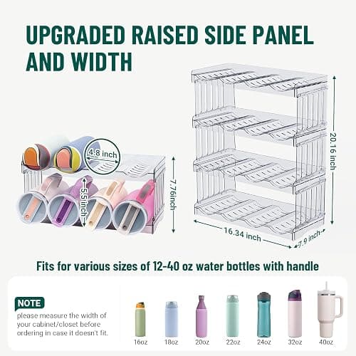 Water Bottle Organizer for Full Stanley 40 oz Tumbler with Handle, Cabinet Pantry Kitchen Organizers and Storage for Owala Stanley Cup Accessories Holder, Patented Stackable Tumbler Organizer Gifts - 16-Large bottles thumbnail 3