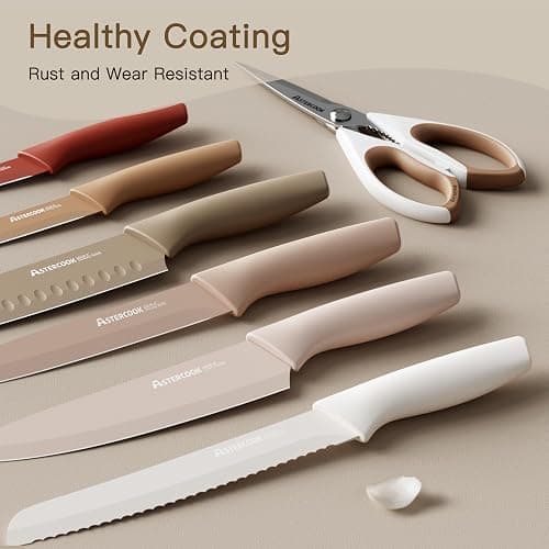 Astercook Knife Set, 13 Pieces Kitchen Knives Set with Healthy Anti-Rust Coating, Dishwasher Safe, Stainless Steel Chef Knife Sets with 6 Blade Guards, Perfect Holiday Gifts for Kitchen thumbnail 3