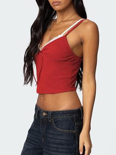 Women Lace Trim Camisole Tops Spaghetti Strap Tank Top Ribbed Knit Slim Fit Cami Shirt Bralettes thumbnail 2