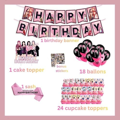 KPOP Black Pink Girl Group Birthday Party Kit Supplies with Cake Topper, Balloons, Banner, Cupcake Toppers & Birthday Sash – Easy Setup Party Supplies for Girls, Teens & Adults thumbnail 3
