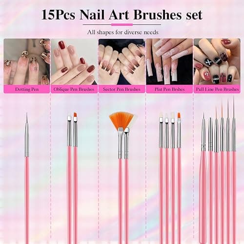 Nail Art Tools Set, Nail Art Kit for Beginners: 15 professional nail brushes for nail art, 5 precision dotting tools, 1 pink curved tweezers, Design Tools for Nail Tech & Beginners thumbnail 3