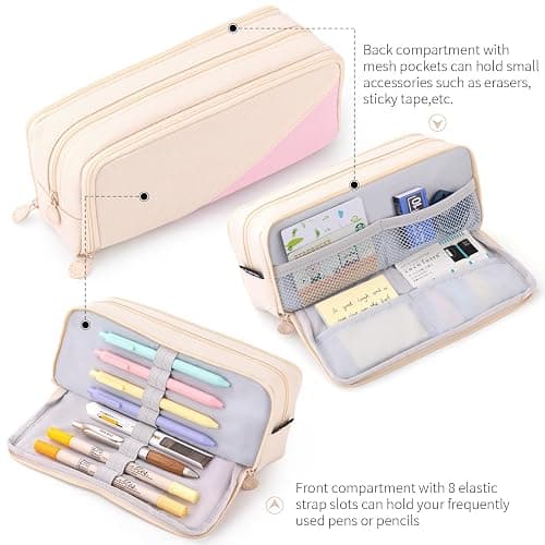 CICIMELON Big Capacity Pencil Case 3 Compartments Pen Pouch Bag Multifunctional Organizer for School Office, Cream thumbnail 2