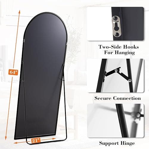 DUMOS Arched Full Length Mirror with Stand 64"x21" Floor Standing Aluminum Frame for Bedroom Body Hanging Leaning Modern Simple Home Decor Shatter-proorf Nano Glass Wall Living Room Cloakroom Black thumbnail 2