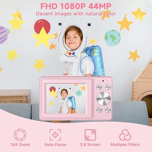 Digital Camera, 44MP Compact Camera, FHD 1080P Point and Shoot Digital Cameras with 16X Zoom, Face Detect, Smile Capture, Anti Shake, for Boys Girls Teens Gifts (Pink) thumbnail 2