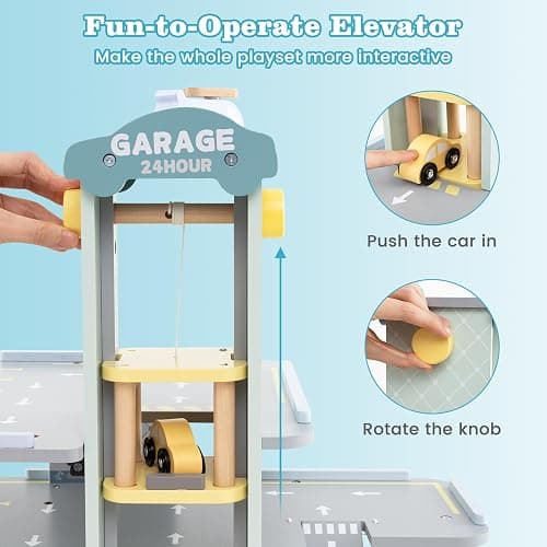 Costzon Toy Car Garage, Multi-Level Wooden Toy Garage with 4 Cars, Helicopter, Gas & Charging Station, Ramp & Working Elevator, Parking Garage for Toy Cars, Pretend Play Gift for Kids Toddlers 3+ thumbnail 7