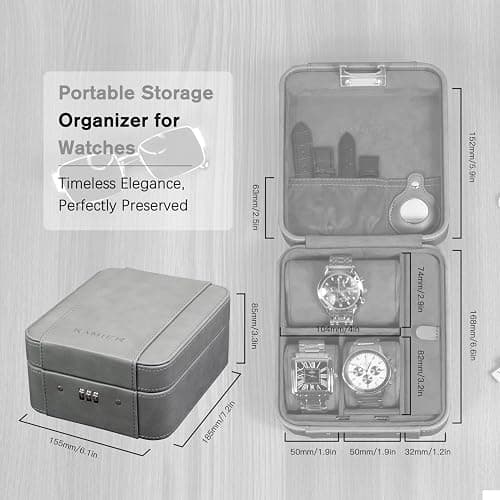 KAMIER Watch Case with Combination Lock - 4 Watch Storage and Jewelry Organizer - Watch Travel Case for Ring and Watch Storage, PU Leather Travel Watch Case, Ideal for Gift (With Gift Box), Grey thumbnail 3