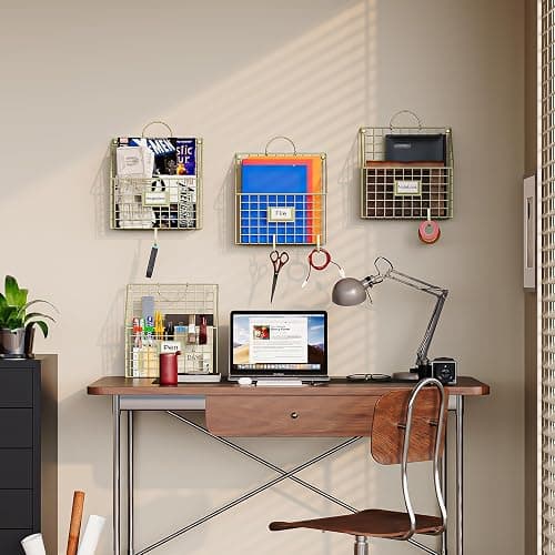 Yuzehuaza Wall File Organizer Mesh Hanging Wall Files Holder,Magazine Rack and Mail Basket with Hooks, Office Wall Organizer for Papers Folders Files Clipboard 4 Packs, Gold(Patent Pending) thumbnail 7