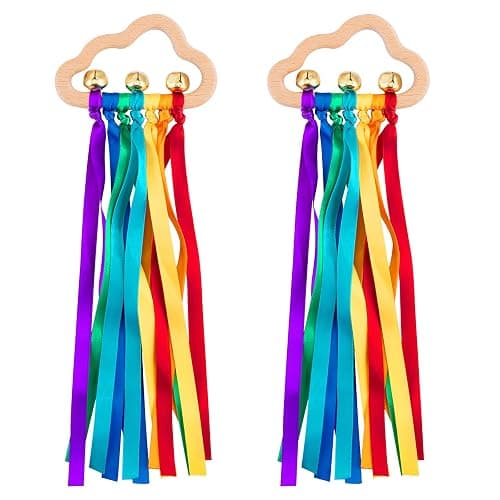 Baby Sensory Wooden Rattle Toys - 2PCS Rainbow Ribbon Rattles Ring Toy for Babies 0-6 Months, Wood Baby Montessori Toys with Bells for 0-12 Months Newborns Infants Toddlers Boy Girl as Shower Gifts - Image 1