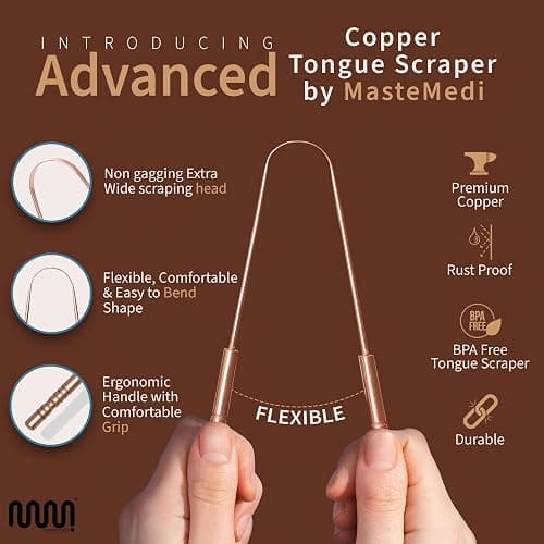 MasterMedi Pure Copper Tongue Scraper for Adults, Tongue Scrubber for Bad Breath, Easy to Use, Tongue Cleaner for Oral Care & Hygiene (Copper Pack of 1 With Case) thumbnail 4