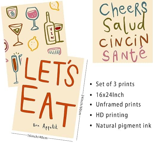 3 Pcs Retro Colorful Drinks Alcohol Bottles Cheers Wall Art Let's Eat Paintings Prints Posters Cincin Cocktail Letter Canvas Wall Decor for Kitchen Dinner Table Bar Cart Living Room 16x24in Unframed thumbnail 4