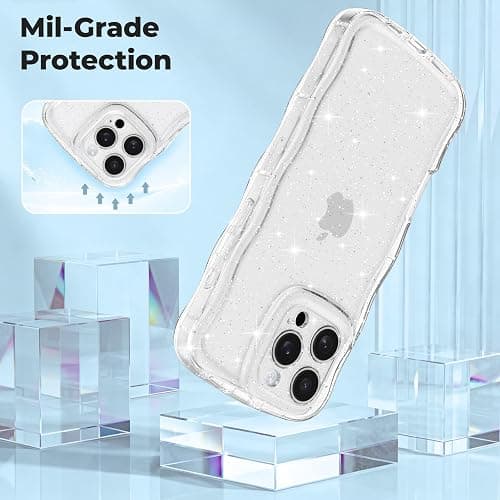FABSPARK Phone Case for iPhone 16 Pro Max,Cute Clear Curly Wavy Frame Wave Case with Sparkly Bling Glitter,Non-Yellowing Transparent Acrylic Hard PC Cover for iPhone 16 Pro Max,Glitter Clear thumbnail 6