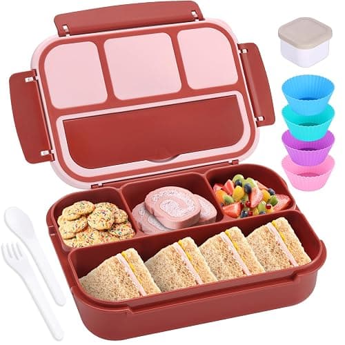 shell and turtle Bento Box Adult Lunch Box, Lunch Containers for Kids Girls Boys with 4 Compartments, Lunchable Food Container with Utensils, Sauce Jar, Muffin Liners, 40 Oz/5 Cup, Retro Red - Image 1