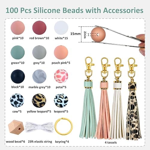 IESCOO 100pcs Silicone Beads for Keychain Making,15mm Rubber Beads kit for Keychain Bracelet Lanyards Pens with Key Rings and Tassels thumbnail 2