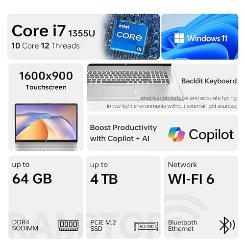 HP Essential 17t Business Laptop, 17.3" HD+ Touchscreen Display, Intel Core i7-1355U (> R5 7430U) High-Performance Tier Processor, 32GB RAM, 2TB SSD, HDMI, Fingerprint Reader, Wi-Fi 6, Windows 11 Home thumbnail 2