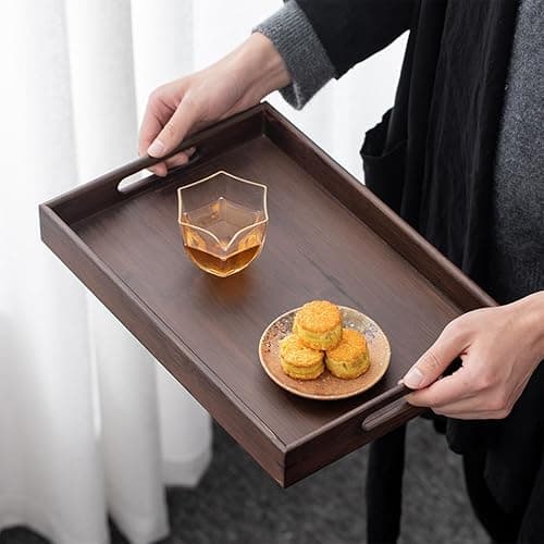 Plateau de service en bois, 37x26x5cm, plateau rectangulaire en bois avec poignées - Plateau de cuisine - Plateau de service - Plateau pour petit-déjeuner, thé, table basse thumbnail 2