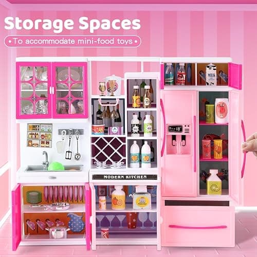 SOCBTNSO 64 PCS Pink Kitchen Toys with Lights Sounds|Mini Kitchen House Furniture Sets for Kids Ages 4-8|Doll Playset Toys for Toddlers 3-5|Birthday Gifts for 3 4 5 6 7 8 Old Girls thumbnail 6