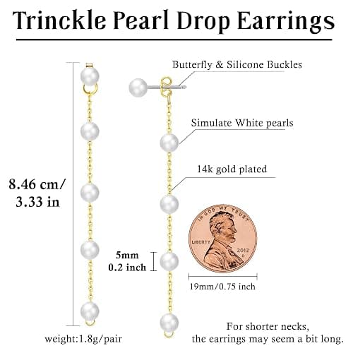 Trinckle Pearl Earrings for Women, Gold Pearl Drop Floral Earrings for Grils Boho Silver Dangle Earring, White Bridal Dangling Earings for Wedding Graduation, Bow Prom Jewelry Bridesmaid Accessories thumbnail 6