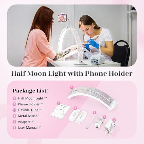 Yokilly Half Moon Light for Nail Desk: 23" Foldable Half Moon Desk Lamp with Phone Holder for Beginner - Arch Nail Tech Light with 3 Color Modes & 10 Brightness for Manicure Salon (Diamond, Small) thumbnail 7