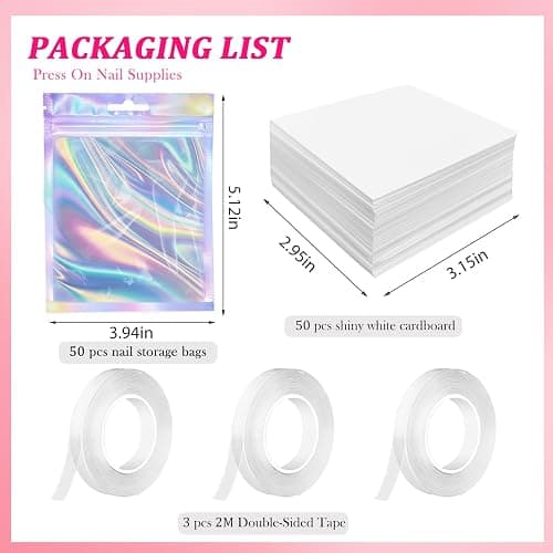 ESUOHYM 50 Pcs Nail Packaging Bags for Press On with 3 Double Side Tape | Holographic Press On Packaging Fits All Sizes, Nail Storage with Nail Cardboards, Nail Art Business Supplies Kit Salon Home thumbnail 8