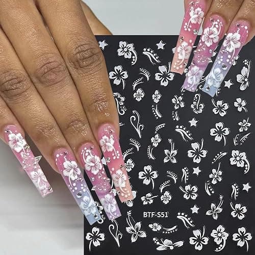 Flower Nail Stickers, Hibiscus Nail Decals 3D Self-Adhesive White Pink Gold Flower Pattern Summer Hibiscus Nail Design Manicure Tropical Accessories for Women Girls(6Sheets) thumbnail 3