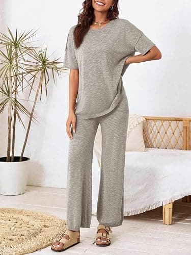 Tankaneo Women's 2 Piece Travel Outfits Casual Short Sleeve Knit Sweater Set Wide Leg Pants Lounge Sets Tracksuit thumbnail 5