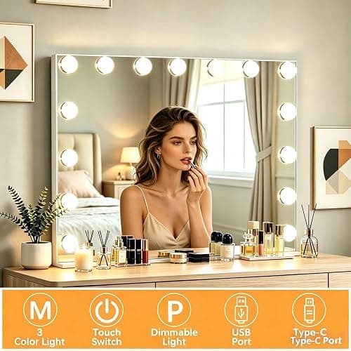 KIMLOONG Hollywood Vanity Mirror with Lights, 23×18 Inch Lighted Makeup Mirror with 3 Color Lights, 15 Dimmable LED Bulbs, USB Charging Port for Dressing Room & Bedroom, Aluminum Metal Frame thumbnail 4