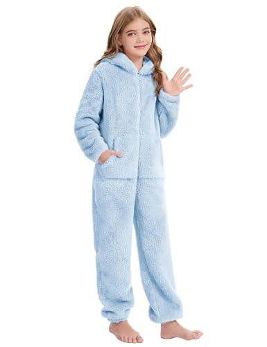 COZYPOIN Unisex Kids Fleece Jumpsuits Girls Fuzzy Hooded Rompers Zip Up One Piece Costume Warm Cute Clothes for 5-14 Y thumbnail 4