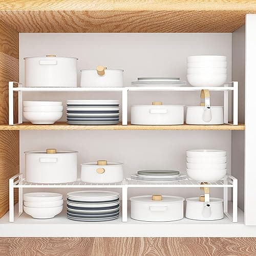 Homgertu 13"-24" L Expandable Cabinet Shelf Rack Set of 2, Stackable Kitchen Countertop Cupboard Organizers and Pantry Storage Shelves - Image 1