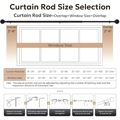 Zeerobee Curtain Rods for Windows 48 to 84, 1 Inch Adjustable Heavy Duty Black Curtain Rod, Outdoor Indoor Room Divider Modern Drapery Pole, 48-86" thumbnail 6