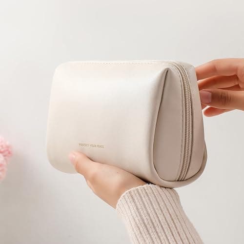 Aveniee Travel Makeup Bag Small, Vegan Leather Cosmetic Pouch for Purse, Wide-open Toiletry Organizer with Dividers & Zipper for Women-Beige thumbnail 7