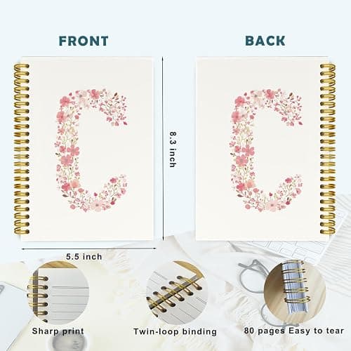 QROZIAR Pink Floral Letter Initial C Cute Spiral Lined Notebook Journal | Botanical Pink Hardcover Spiral Lined Journal Notebook for Teen Girls, Monogrammed Gifts for Women Girls, 5.5x8.3 Inch thumbnail 3