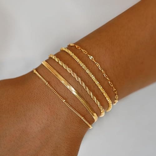 JECOMY Gold Bracelets for Women, 14K Gold Plated Waterproof Bracelets for Women, Dainty Stackable Adjustable Chain Jewelry Set - Trendy Layered Bracelet Stack Gift, Everyday Wear thumbnail 5