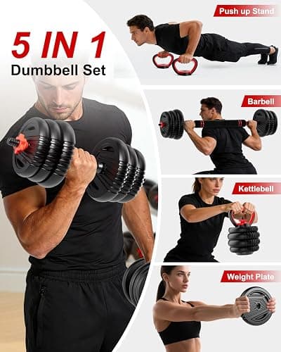 UNNMIIY Adjustable Dumbbells, 20/30/45/70/90lbs Free Weight Set with Connector,5 in1 Dumbbells Set Used as Barbell,Kettlebells,Push up Stand,Fitness Exercises for Home Gym Suitable Men/Women thumbnail 2