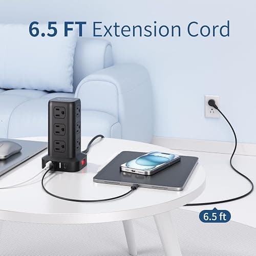 AnnTane Power Strip 6.5 FT Cord, Power Strip Tower with 4 USB Ports (1USB C), Extension Cord with 12 AC Multiple Outlets, Home Office Supplies Desk Accessories, Dorm Room Essentials thumbnail 3