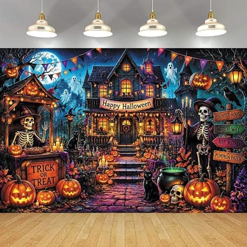 Duluxykl 10x8ft Halloween Spooky Skeleton Ghost Photography Backdrop, Horror Castle Scary Pumpkin Black Cats Background, Fall Halloween Trick or Treat Party Banner Magic Witch Wall Decor Photo Props thumbnail 8