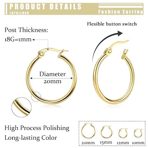 LOYALLOOK Gold Hoop Earrings Set Stainless Steel Rounded Small Hoop Earrings Set for Women Cute Huggie Earrings Nickel Free 10/12/15/20MM thumbnail 2