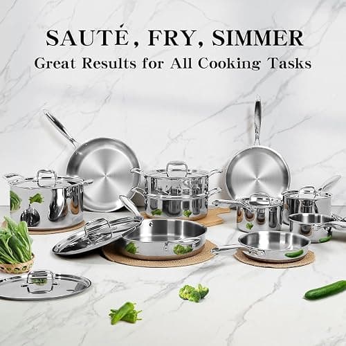 EWFEN Pots and Pans Set, 3 Ply 11 Piece Stainless Steel Cookware Set, Oven Dishwasher Safe | Induction Compatible Frying Pans, Saucepans, Saute Pan & Stock Pot, PFOA Free Kitchen Skillet thumbnail 2