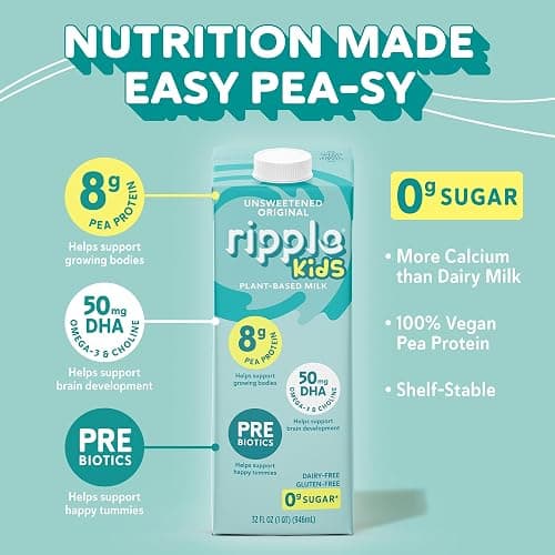Ripple Plant Based Milk, Kids Unsweetened, 8g Pea Protein, Calcium Rich, Shelf Stable Carton, Vegan, Non-GMO, Dairy, Soy, Nut, Gluten & Lactose Free, 32 Fl Oz, Pack of 6 thumbnail 5