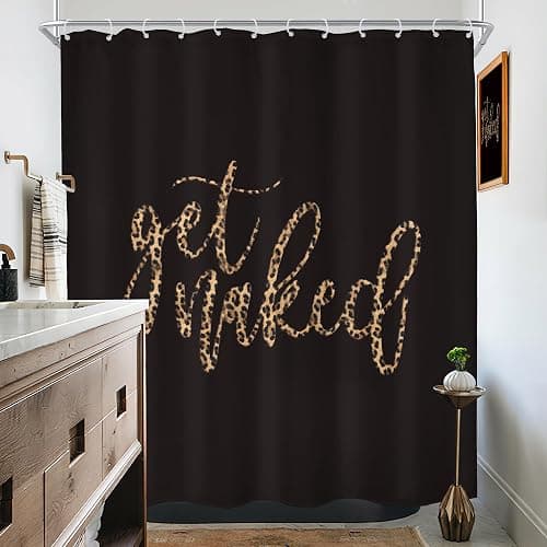 Black Get Naked Quotes Cute Cheetah Leopard Bathroom Shower Curtain Set | 72Wx72H Print Urban design, waterproof HD print with fast-drying fabric and 12 hooks. thumbnail 4