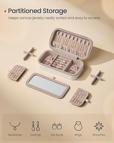 SONGMICS HOME Travel Jewelry Case, Travel Jewelry Box Organizer with Mirror, 4.1 x 8 x 2.4 Inches, Stitching, Portable, Christmas Gift, Cloud White UJBC180W01 thumbnail 5