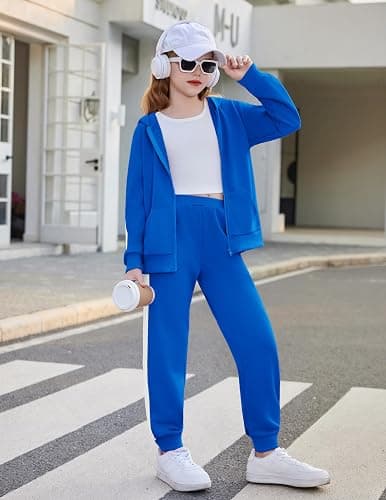 Arshiner Girls 2 Piece Outfits Sweatsuits Athletic Tracksuit Jogger Set | Zip up hoodie sweatshirt and sweatpant with pockets, Side stripes splicing design, Ribbed cuffs, Medium thickness fabric thumbnail 5