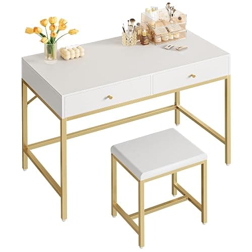 SUPERJARE 35.4" White and Gold Desk with 2 Drawers, Modern Makeup Vanity with Padded Stool, Small Computer Desk Home Office Desk for Writing Study Bedroom - Image 1