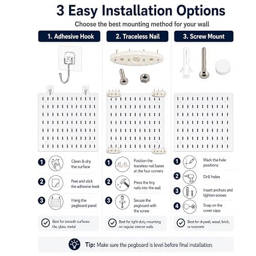 PSLER 22"×22" White Pegboard Kit with 17 Accessories, Garage Office Storage | Pegboard，Complete Hooks Accessories Kit, Multi-scene Organizer, Wall Mount Space Saving,Fits All Wall Surfaces thumbnail 9