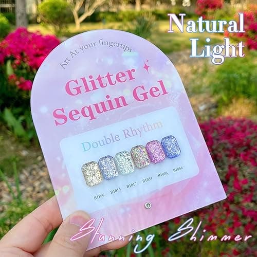 Double Rhythm 0.5 Oz Glitter Gel Polish Set of 6 Color with Display Board 15 ml Full Size Kit Shimmer Reflective Sparkle Soak Off Manicure Salon DIY at Home (Gold Blue Silver Purple Pink-T6-37) thumbnail 9