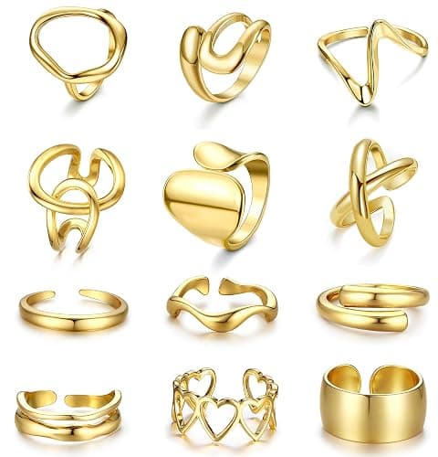Sanfenly 12 PCS Chunky Gold Rings for Women Non Tarnish 18K Gold Plated Adjustable Statement Ring Knuckle Thumb Stackable Open Rings Set Fashion Jewelry Gifts - Image 1