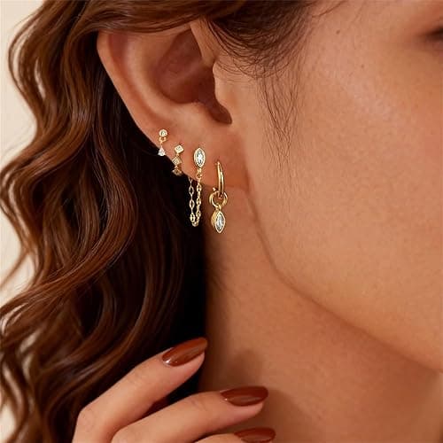 Voduim Gold Earrings for Women, Dainty Earring Stacks 14K Gold Plated Chain Earrings Cute Hypoallergenic Huggie Earrings for Women Trendy Unique Drop Hoop Earrings Stack Fashion Gold Jewelry Set thumbnail 2