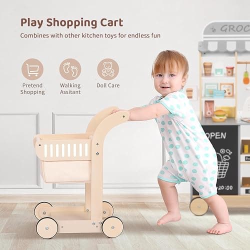OOOK Baby Push Walker Doll Stroller, Wooden Baby Walker for Girls and Boys, Kids Shopping Cart for Toddlers, Kids Stand Learning Walker with 4 Wheels thumbnail 4